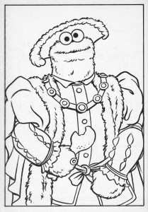 Museum of Monster Art Sesame Street 1990 coloring book page, showing the Cookie Monster as Henry VII with bitten turkey leg.